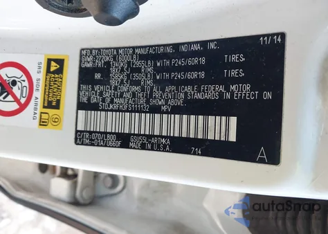 2015 Toyota Highlander Xle V6 z USA, uszkodzony, nr VIN 5TDJKRFH3FS111132